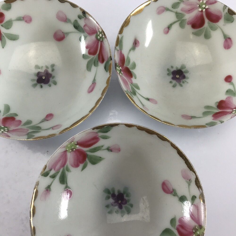 9 Vtg Asian Porcelain Rice Dessert Dipping Bowls 3.25" Floral Azaleas Violets